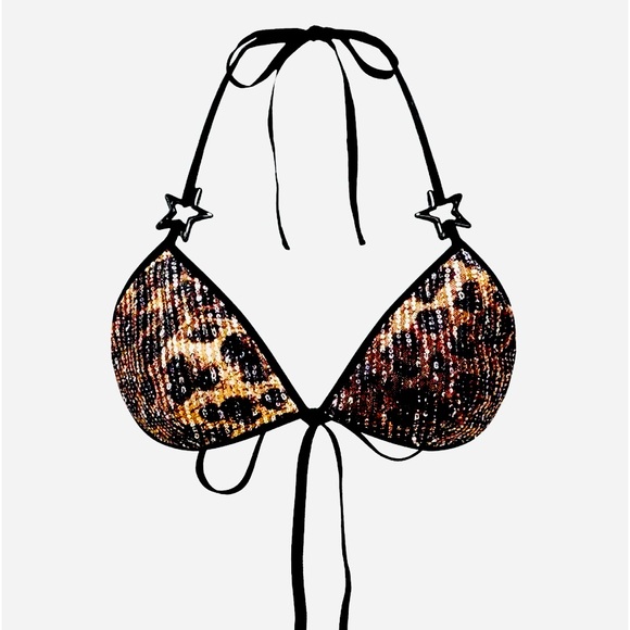 Back Glittery Sequin Leopard Print Halter Tie Bikini Top NWT - Picture 1 of 3